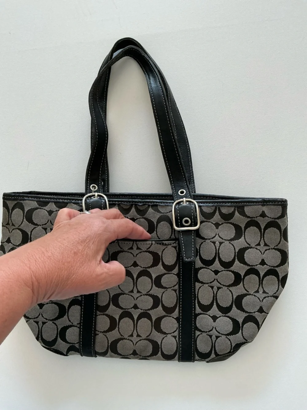 Coach Signature Canvas Tote Bag Brown Black Leather Trim Style 6042 - Picture 2 of 15